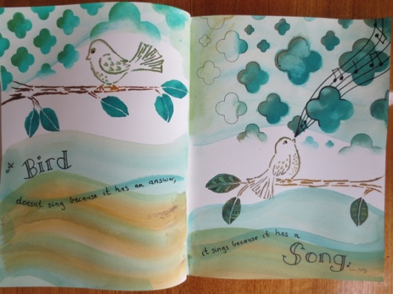 Stencil Girl and acrylic paints art journal layout